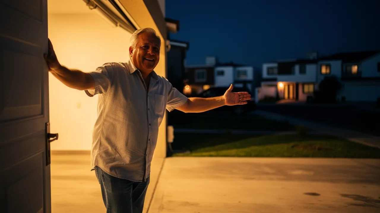 Un anfitrión abre el portón de su cochera al atardecer; la luz cálida ilumina la entrada de su casa en Zapopan.